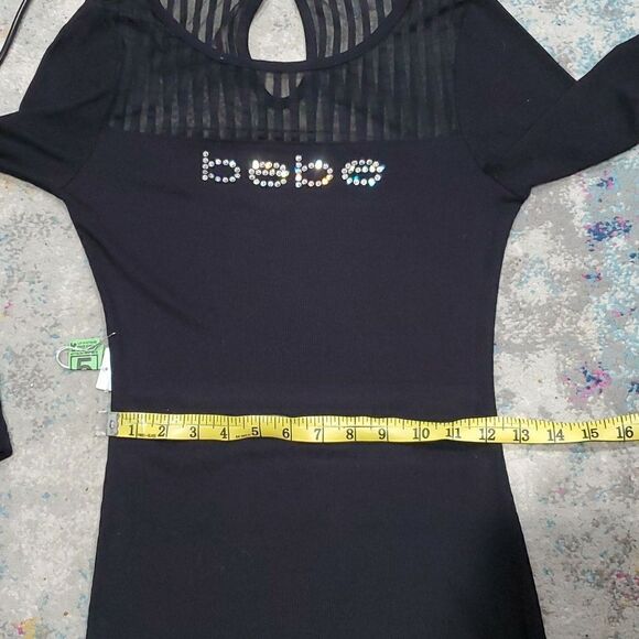 New Bebe Black Maxi Dress with Swarovski Crystals, Sheer Stripes & Side Slit - Picture 13 of 16